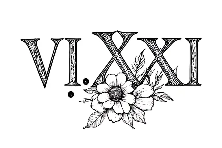 "VI.XXI" roman numeral and fetus symbolizing loss grief flower tattoo design idea