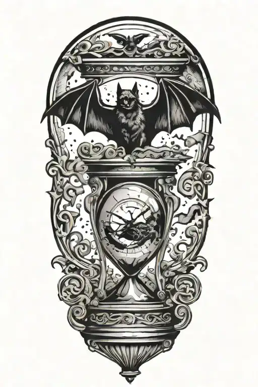 Dark scenery. A big bat enveloping an hour glass with the sand of time. Chaotic and morbid background. Terror and dread. tattoo design idea