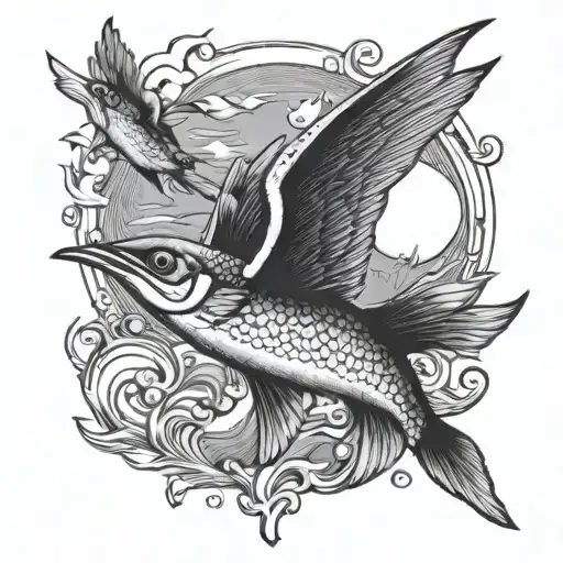 flying fish that is flying with seagulls in front of a sun  tattoo design idea