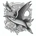 flying fish that is flying with seagulls in front of a sun  tattoo design idea