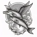 flying fish that is flying with seagulls in front of a sun  tattoo design idea