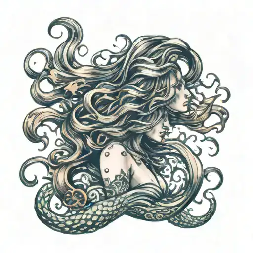 long hair underwater surrounded tattoo design idea