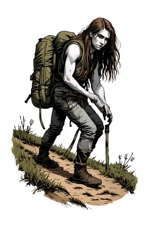 Skinny white hiker with long straight brown hair, stopped at a 6-way fork on a mysterious trail  tattoo design idea