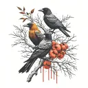 Huggin and muggin, one sitting on an olive tree branch and another flying away and small crows flying through a storm. tattoo design idea