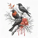 Huggin and muggin, one sitting on an olive tree branch and another flying away and small crows flying through a storm. tattoo design idea