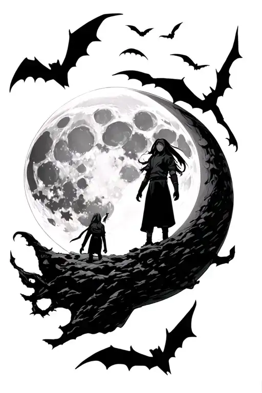 moon with the silhouette of itatchi from Naruto sorounded by bats flying up David and Lucy from cyberpunk on top of moon tattoo design idea