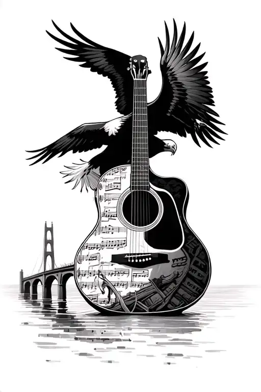 Acoustic guitar with country music sheets and a bridge with an eagle crossing over water tattoo design idea
