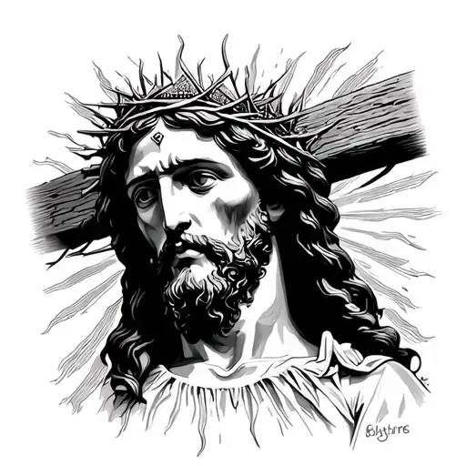 ultra realistic Jesus on cross wearing crown of thorns with sun beams behind  tattoo design idea