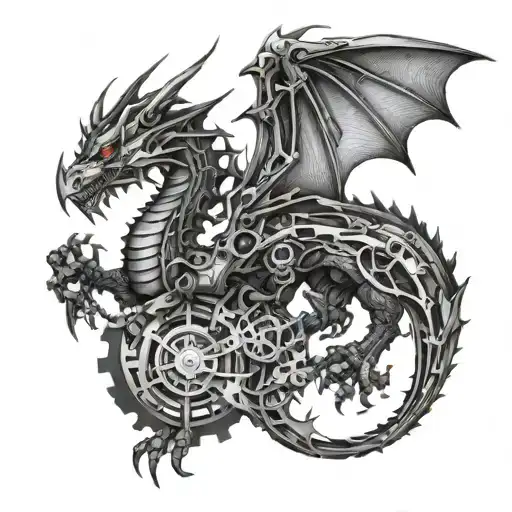 An intricate mechanical dragon inspired by video game characters, incorporating elements of construction and engineering tools tattoo design idea