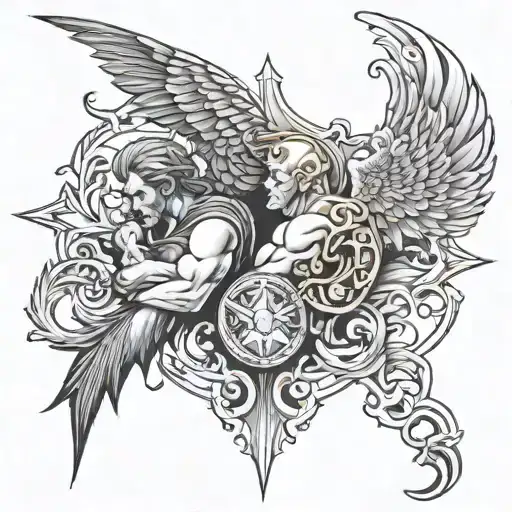 Back piece feauting good vs evil tattoo design idea