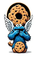 cookie monster holding a cookie with angel wings spread wide tattoo design idea