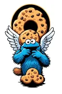cookie monster holding a cookie with angel wings spread wide tattoo design idea