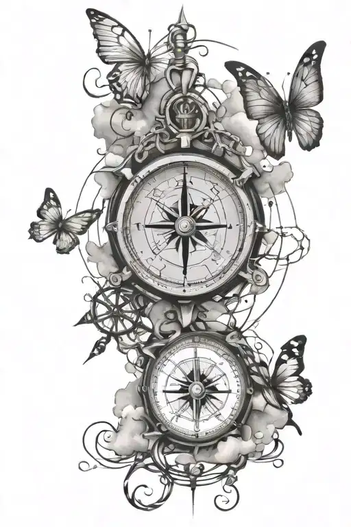 compass, barbed wire, butterfly, clouds fading tattoo design idea