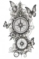 compass, barbed wire, butterfly, clouds fading tattoo design idea