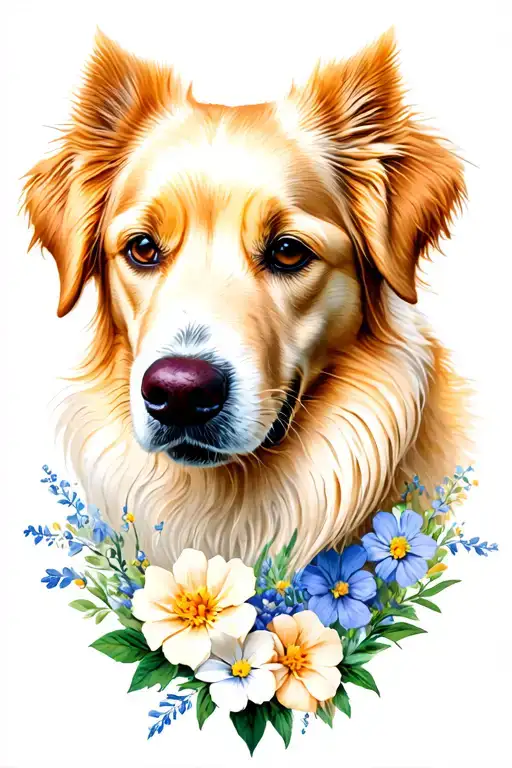 Golden Retriever cream, one ear folded. Black Spitz, only tiny white chest streak, black nose. Flowers around. tattoo design idea