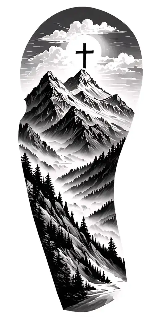 a journey through a mountain towards God with praying hands at the top. sleeve tattoo minimal shading  tattoo design idea