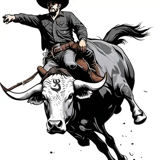 cowboy riding a bucking bull with a reverse capital R branded on the bull's flank tattoo design idea