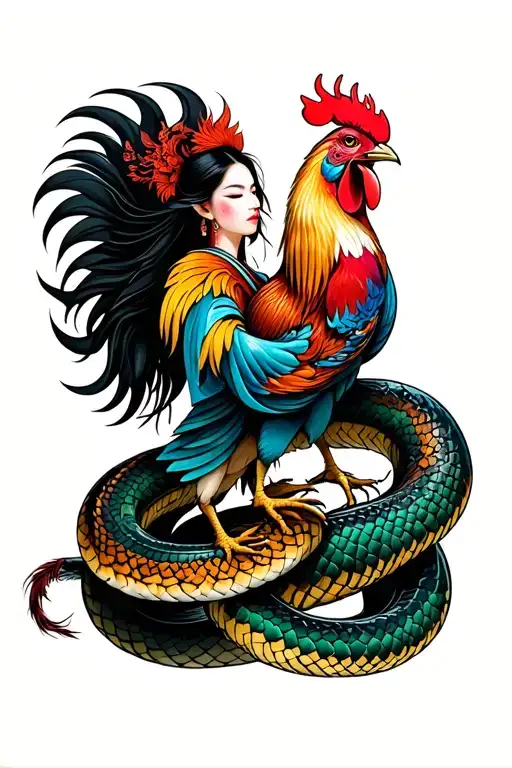 Japanese woman and rooster fighting snake intertwined tattoo design idea