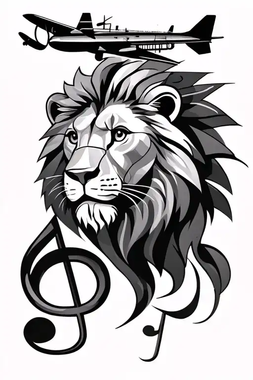 Pencil style tattoo: lion, treble clef, airplane, trumpet, piano, geometric tattoo design idea