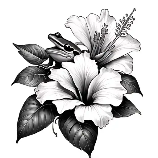 hibiscus flowers, lilys, rainforest frog sitting on flower, waterfall, thigh piece tattoo design idea