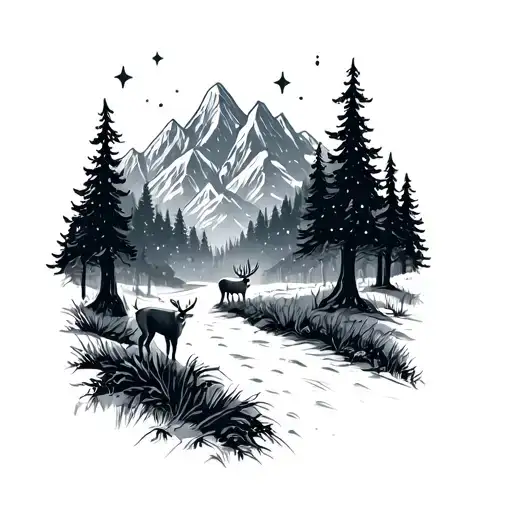 Mountains with a forest and a path. there is a deer standing near the path. the night has twinkling stars tattoo design idea