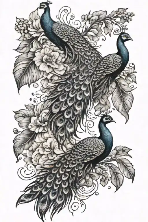 Peacock feathers and flowers tattoo design idea