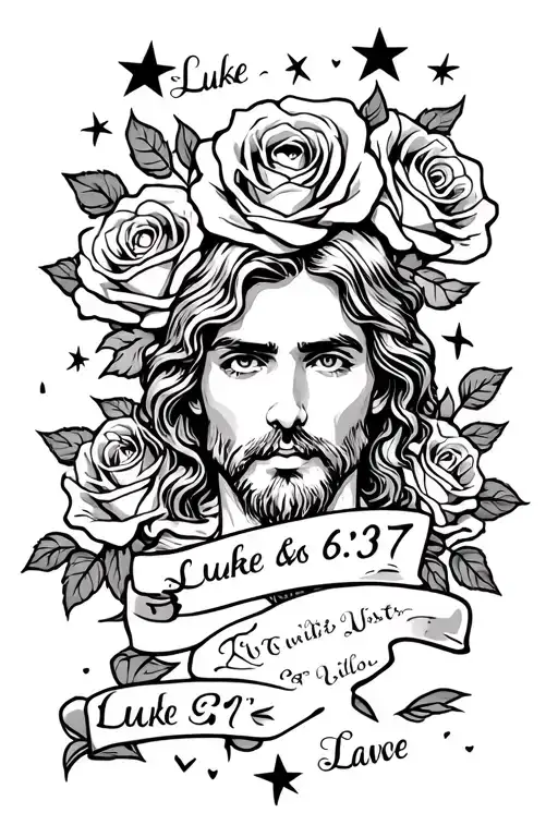 Luke 6:37 with stars in the background and roses  tattoo design idea
