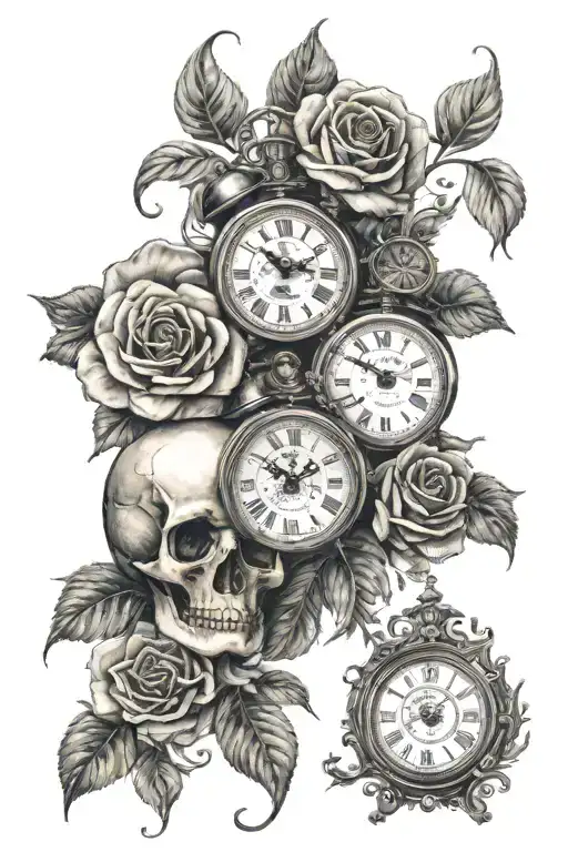 Roses , clocks , skulls representing dark periods tattoo design idea