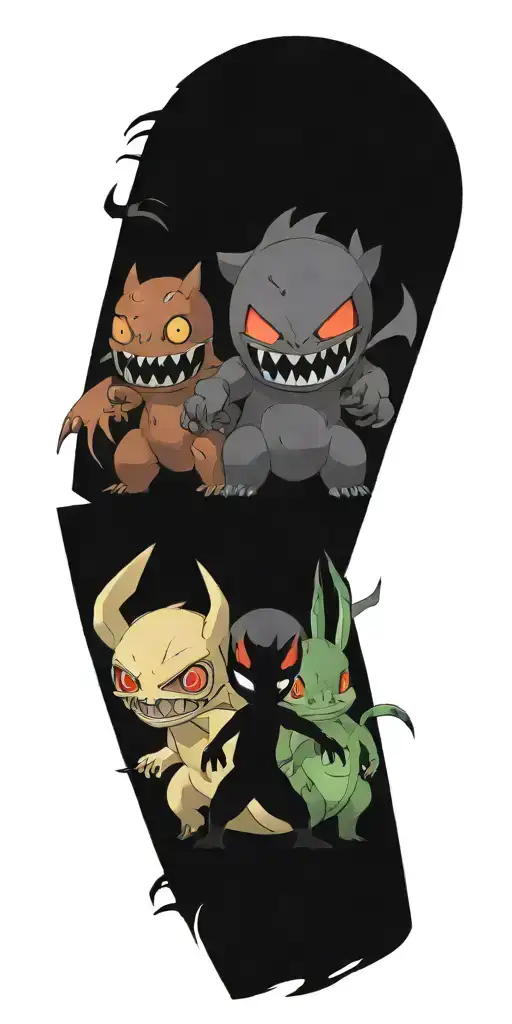 pokemon battling in the form of heaven and hell horror style tattoo design idea