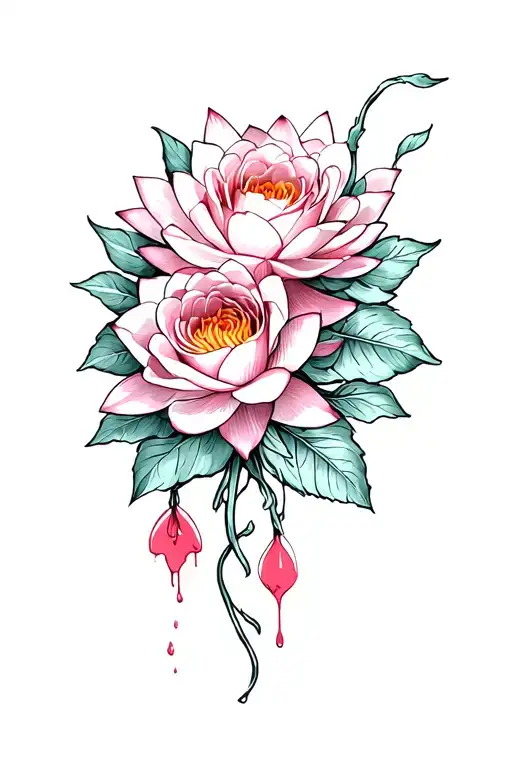 hip tattoo with roses, waterlily and bleeding hearts  tattoo design idea