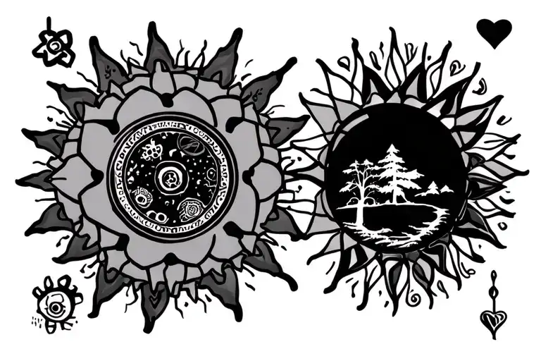 Mandala with hidden symbols like gears for hustle, hearts, and trees. Quote tattoos with meaningful phrases. Sun and moo tattoo design idea