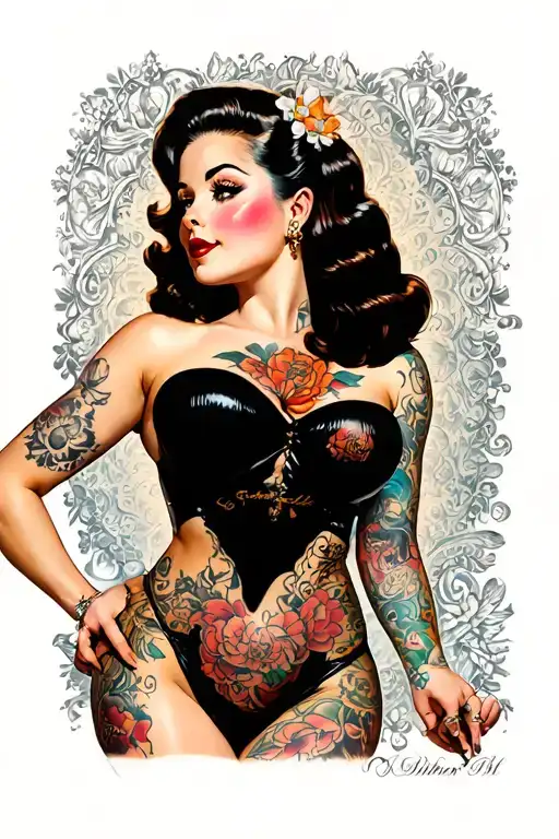 Sexy pin up girl, side profile, full body view, standing, petite, large boobs, tattoo design idea