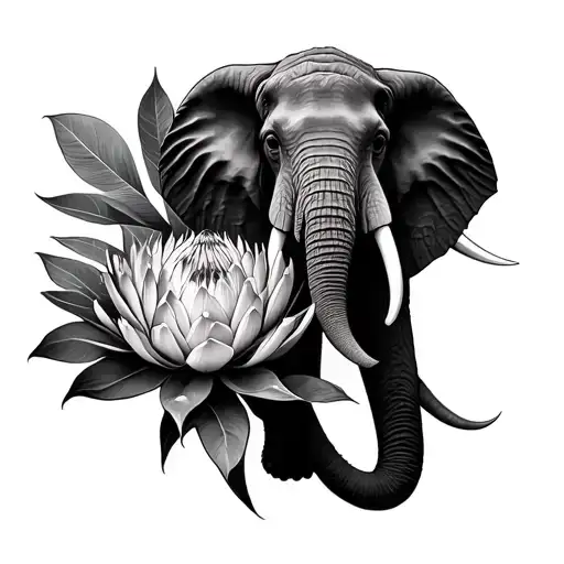 queen protea flowers and African elephant  tattoo design idea