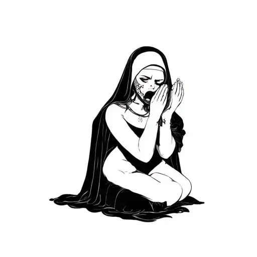 sexy anime style nude nun with gag in mouth praying on knees tattoo design idea