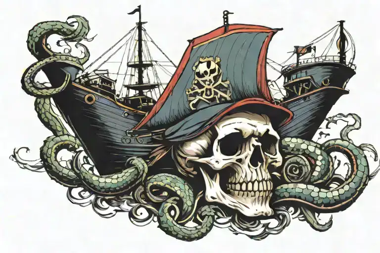 skull with snake and ship sailing tattoo design idea