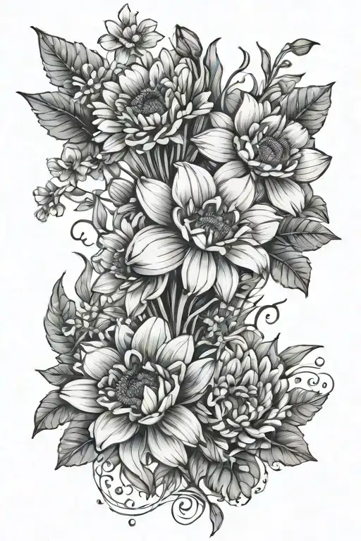 fine line tattoo design featuring a bouquet of flowers with Narcis, gerbera and forgot me nots. With leaves, long stem tattoo design idea