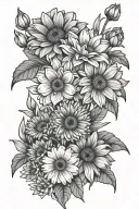 fine line tattoo design featuring a bouquet of flowers with Narcis, gerbera and forgot me nots. With leaves, long stem tattoo design idea
