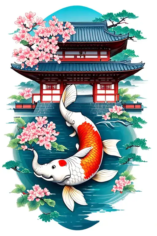 japanese temple elephant cherry blossom koi fish tattoo design idea