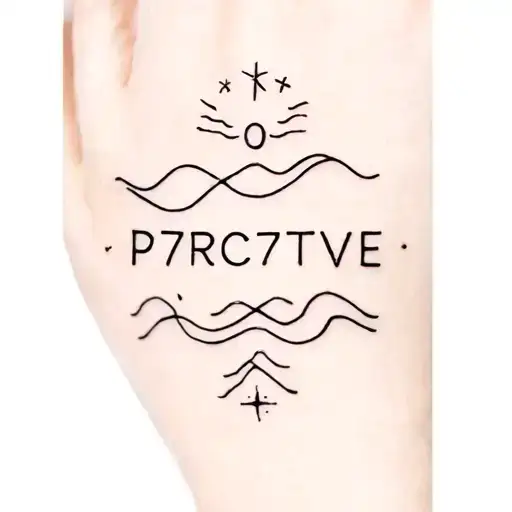 P7RC7PT7VE spelled out in a perceptive way also with aquarius waves and star sign in the back symbolizing giving faith G tattoo design idea
