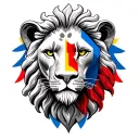 lions head with colourful eye st georges flag and spiritual symbol tattoo design idea