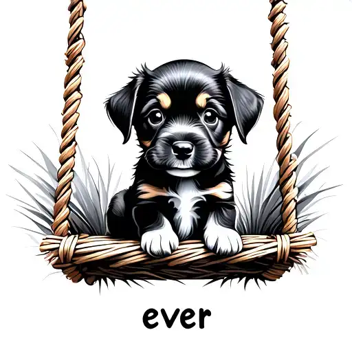 Minimalist image of a puppy sitting sideways on a straw swing looking straight ahead with the phrase "ever" next to it tattoo design idea