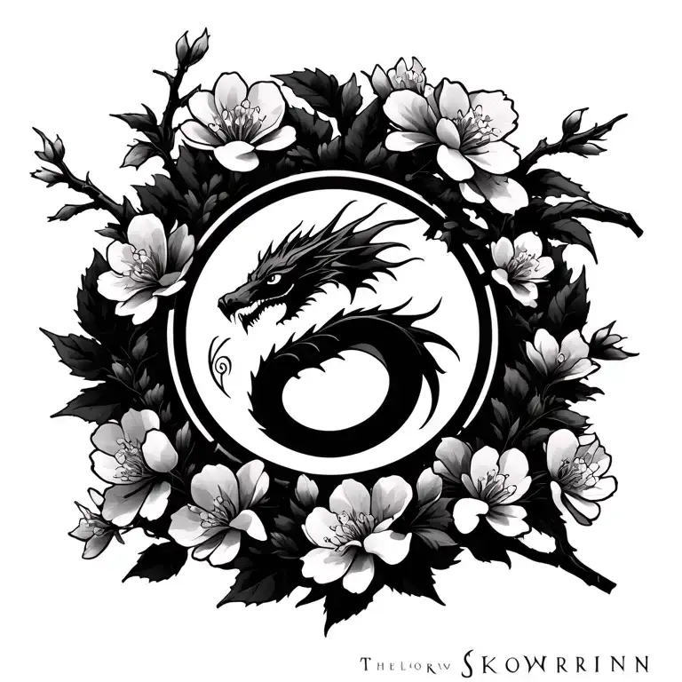 Sakura flowers on a branch with the Skyrim dragon logo on the flowers tattoo design idea