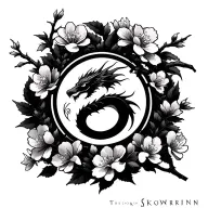 Sakura flowers on a branch with the Skyrim dragon logo on the flowers tattoo design idea