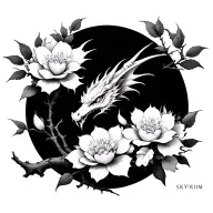 Sakura flowers on a branch with the Skyrim dragon logo on the flowers tattoo design idea