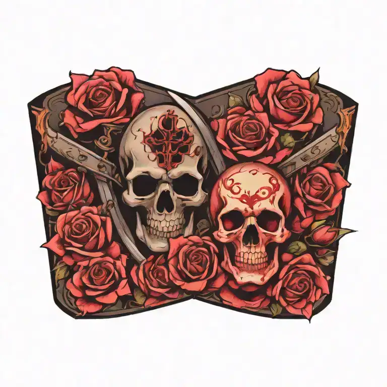 roses and guns and a sword and a skull tattoo design idea