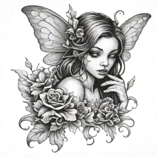sad fairy peeking tattoo design idea