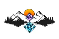 Forest and mountains outline intertwined with 2 gems amythest and topaz. Blue topaz sun rising tattoo design idea