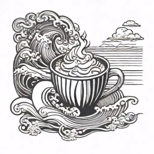 hot chocolate, beach, waves, sun setting tattoo design idea