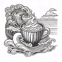 hot chocolate, beach, waves, sun setting tattoo design idea