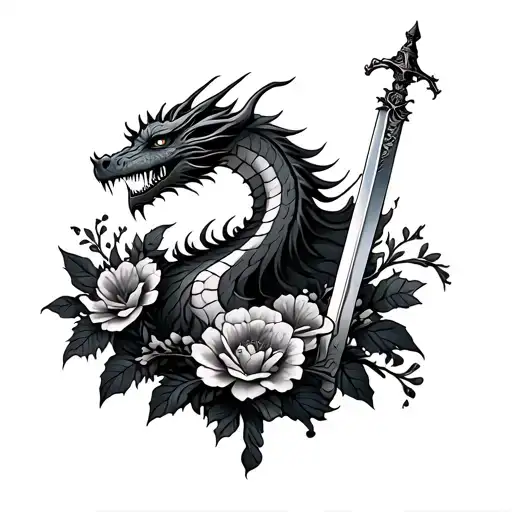 dragon with sword surrounded by flowers intertwined tattoo design idea